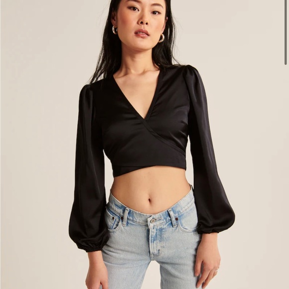 Black Satin Wrap Top - Picture 3 of 6